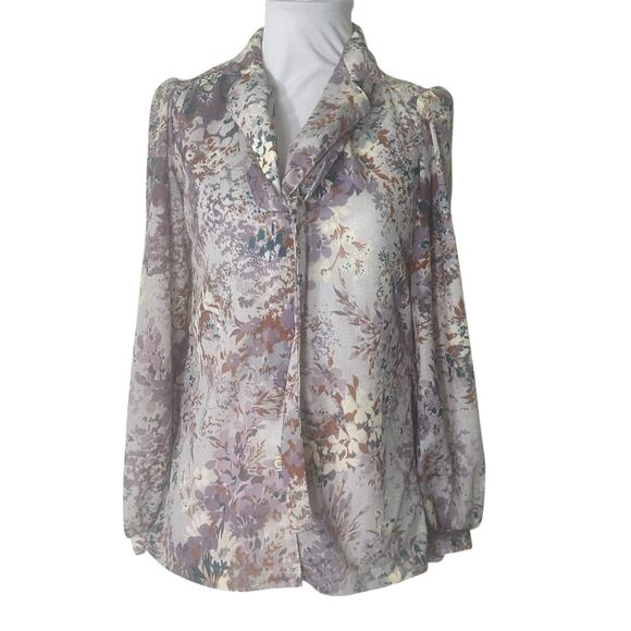 Vintage 1970s Ship N Shore  Bow Tie Neck Semi Sheer Floral Blouse M - Picture 1 of 6